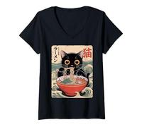 Femme Mignon Chat Noir Mangeant des Nouilles dans Un Bol Japonais Illustration T-Shirt avec Col en V