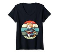 Femme Mignon chat samouraï ninja katana guerrier épée guerrier T-Shirt avec Col en V