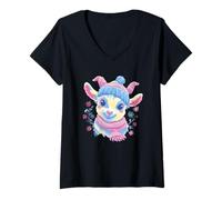 Femme Mignon Chèvre Hiver Portrait Animal Lover Graphique Bleu Rose T-Shirt avec Col en V