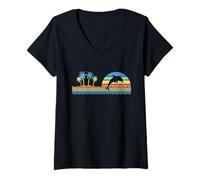 Femme Mignon coloré rétro Coucher de Soleil Palmiers Dauphins Amoureux Plage T-Shirt avec Col en V