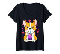 Femme Mignon Corgi Boba Tea Kawaii Chien T-Shirt avec Col en V