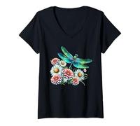 Femme Mignon Daisy Libellule Délice Aquarelle Été T-Shirt avec Col en V