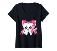Femme Mignon Dentiste Dentiste Mois de Sensibilisation au Cancer du Sein Rose T-Shirt avec Col en V
