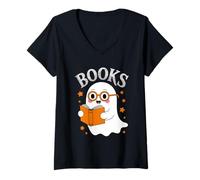 Femme Mignon Dessin animé Kawaii fantôme Livres Boo Halloween Bookworm T-Shirt avec Col en V