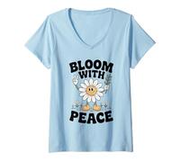 Femme Mignon dessin animé marguerite tenant un signe de paix et une branche d'olivier T-Shirt avec Col en V