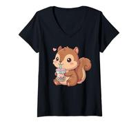 Femme Mignon écureuil Bubble Tea Kawaii Anime écureuils Amoureux T-Shirt avec Col en V
