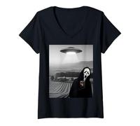 Femme Mignon Effrayant Visage Horreur fantôme Selfie avec Extraterrestre OVNI drôle T-Shirt avec Col en V
