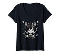 Femme Mignon Emo Cat Jeu vidéo Goth Girl Gothic Art Gamer T-Shirt avec Col en V
