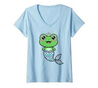 Femme Mignon Grenouille sirène Kawaii Prince Couronne Pastel Queue T-Shirt avec Col en V