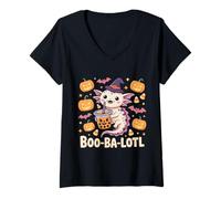 Femme Mignon Halloween Axolotl Boba Thé Citrouille Sorcière T-Shirt avec Col en V