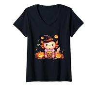 Femme Mignon Halloween Axolotl Boba Thé Citrouille Sorcière T-Shirt avec Col en V