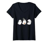Femme Mignon Halloween Crew Ghost Trio Squelette Sorcière et Vampire T-Shirt avec Col en V