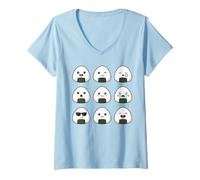 Femme Mignon Kawaii Onigiri Visages Japonais Boule de Riz Design Nourriture T-Shirt avec Col en V