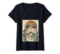 Femme Mignon Lamantin avec Lunettes de Soleil Bisous Saint Valentin Animal T-Shirt avec Col en V