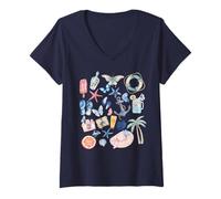 Femme Mignon littoral d'été esthétique ancre palmier papillons plage T-Shirt avec Col en V