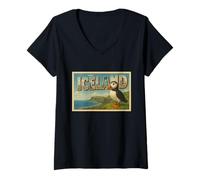 Femme Mignon macareux islandais Vintage Souvenir de Voyage Post-Art Graphique T-Shirt avec Col en V
