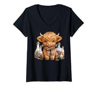 Femme Mignon Monstre Cousu Vache Highland Halloween Science Lab Art T-Shirt avec Col en V