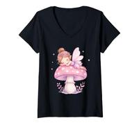 Femme Mignon Pastel Aquarelle fée Champignon endormi Fantaisie T-Shirt avec Col en V