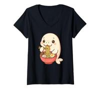 Femme Mignon Phoque Mangeant Ramen Kawaii Art Amateur de Nourriture T-Shirt avec Col en V