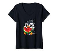 Femme Mignon Pingouin été pastèque Dessin animé Amusant T-Shirt avec Col en V