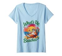 Femme Mignon Qu'est-IL Beaches Chat Vacances Voyage Salé T-Shirt avec Col en V