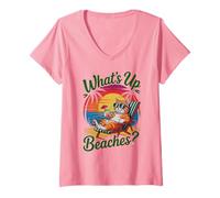 Femme Mignon Qu'est-IL Beaches Chat Vacances Voyage Salé T-Shirt avec Col en V