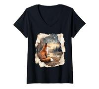 Femme Mignon Renard Forêt Animaux Étoiles T-Shirt avec Col en V