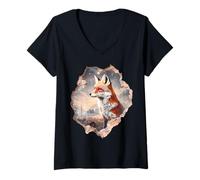 Femme Mignon Renard Forêt Animaux Étoiles T-Shirt avec Col en V