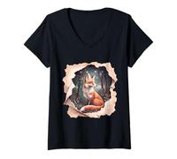 Femme Mignon Renard Forêt Animaux Étoiles T-Shirt avec Col en V