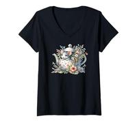 Femme Mignon Souris dans Une théière Florale Cottagecore Art T-Shirt avec Col en V