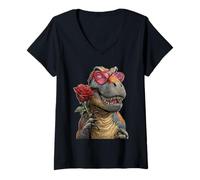 Femme Mignon T-Rex avec des Lunettes en Forme de cœur Rose Saint-Valentin Dinosaure T-Shirt avec Col en V