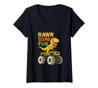 Femme Mignon T-Rex Monster Truck Adventure Kids Truck Fête d'anniversaire T-Shirt avec Col en V