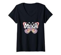 Femme Mika Butterfly - Word Art personnalisé avec nom Mignon T-Shirt avec Col en V