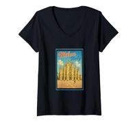 Femme Milan Italy Poster touristique vintage Années 50 T-Shirt avec Col en V