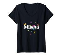 Femme Milena - Joli prénom de Fille avec des Papillons colorés T-Shirt avec Col en V