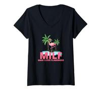 Femme Milf Man I Love Flamants Roses Drôle Flamant Rose Plage Maman T-Shirt avec Col en V