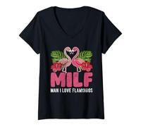 Femme Milf Man I Love Flamingos Drôle Milf Flamingo Humour Grunge T-Shirt avec Col en V