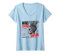 Femme Mind Control Unplug Cyberpunk Dystopian Glitch Art T-Shirt avec Col en V