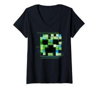 Femme Minecraft Modular Creeper Big Face Logo T-Shirt avec Col en V