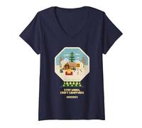 Femme Minecraft Noël Stay Warm Craft Campfires Snow Globe T-Shirt avec Col en V, Bleu Marine, XL