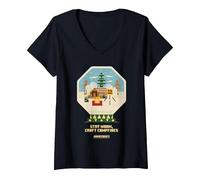 Femme Minecraft Noël Stay Warm Craft Campfires Snow Globe T-Shirt avec Col en V, Noir, L