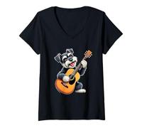 Femme Mini Chien Schnauzer Amusant Jouant de la Guitare pour Amateurs de Musique T-Shirt avec Col en V