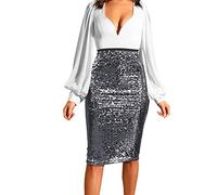 Femme Mini Jupe Noir Femme Couleur Unie Paillettes Mode Taille Haute Hanche Mince Décontractée Demi-Corps Jupe Bijoux Femme, argenté, XL