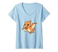 Femme Mini vol ptérodactyle Mignon Dinosaure Kawaii T-Shirt avec Col en V