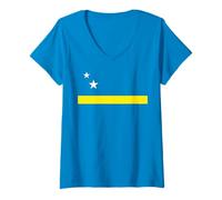 Femme Minimal Curacao Flag Inspired Stars and Stripe Art T-Shirt avec Col en V