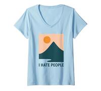 Femme Minimal Montagne Coucher De Soleil Drôle Randonnée Anti Social Nature T-Shirt avec Col en V