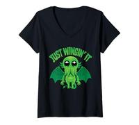Femme Mischief Sea Monster Just Wingin' It with Cosmic Chaos T-Shirt avec Col en V