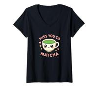 Femme Miss You So Matcha Lover Thé Vert Matcha Pun Kawaii Graphic T-Shirt avec Col en V