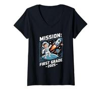 Femme Mission 1st Grade Astronaut School Start Back To School T-Shirt avec Col en V