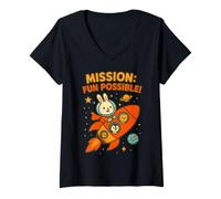 Femme Mission Amusante Possible : Mignon Lapin Astronaute et équipage Spatial T-Shirt avec Col en V